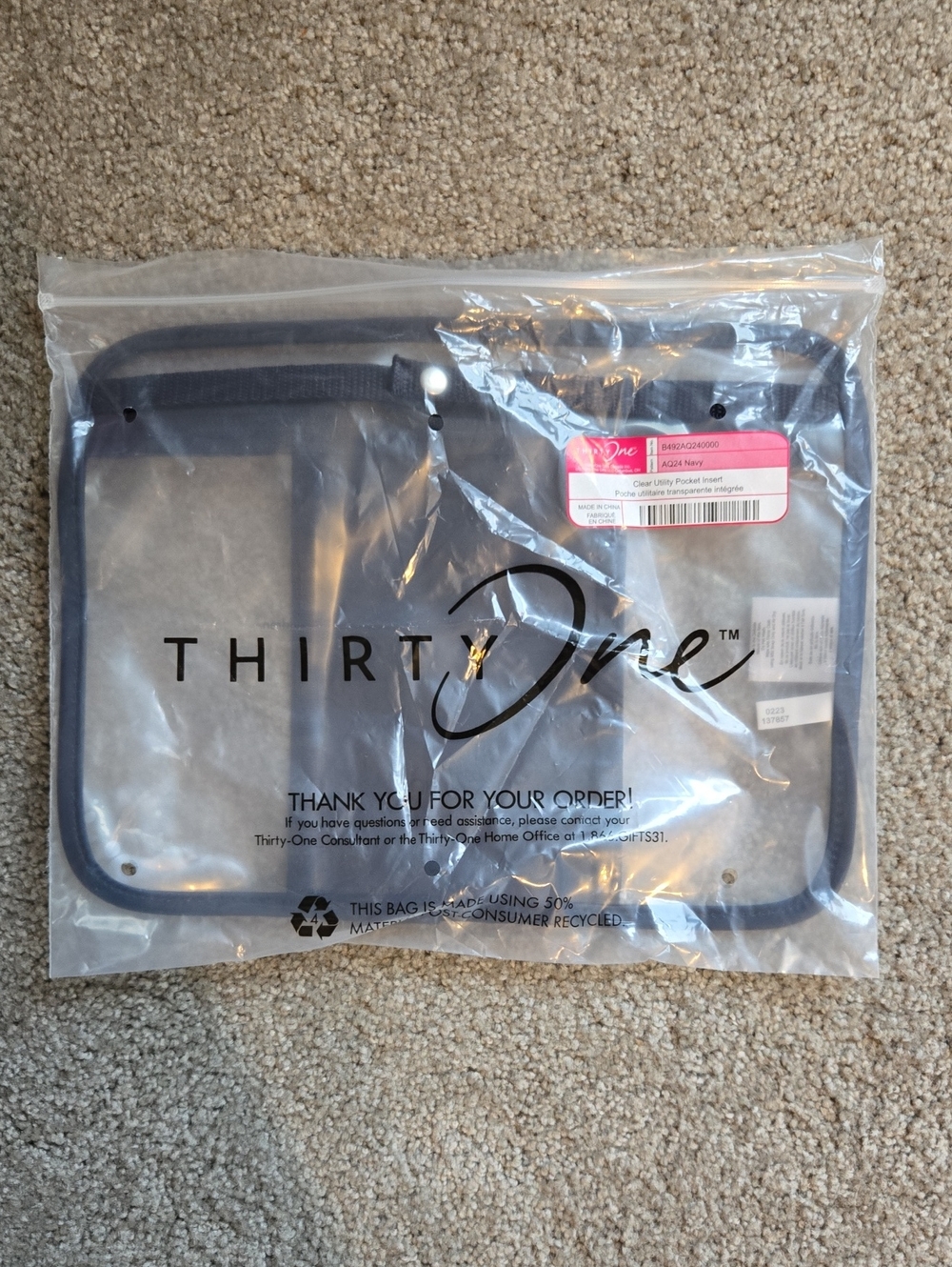 Thirty-One Clear Utility Pocket Insert with Navy Trim